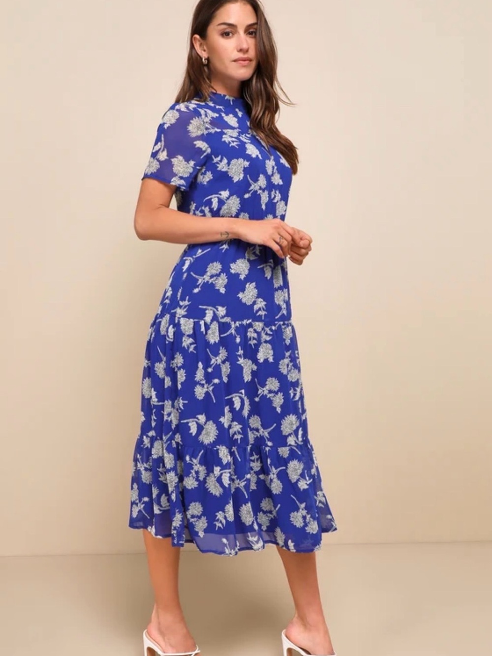 Blue Floral Midi Dress with High Neck